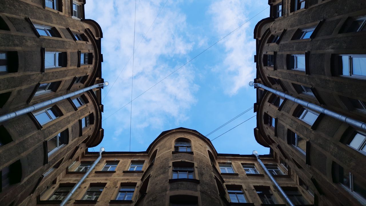 Wallpaper building, architecture, windows, sky, clouds, bottom view