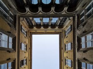 Preview wallpaper building, architecture, windows, bottom view, sky