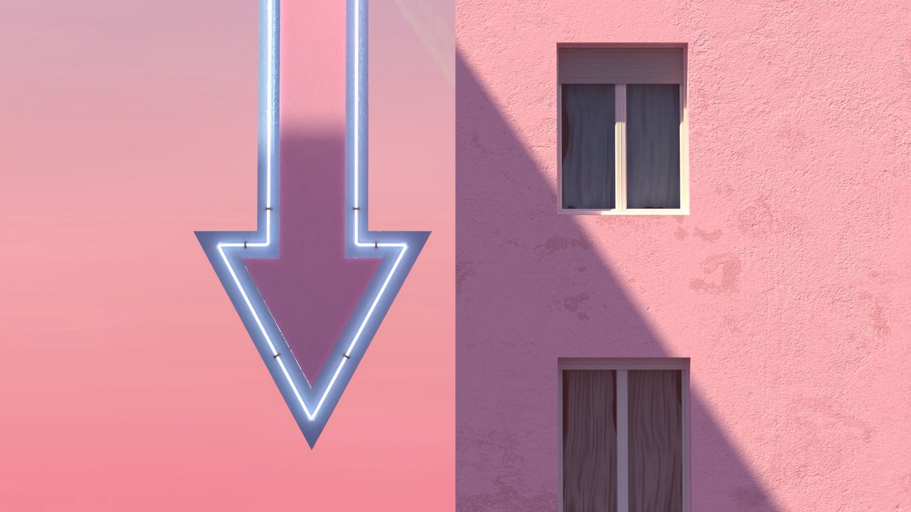 Wallpaper building, arrow, pointer, signboard, pink