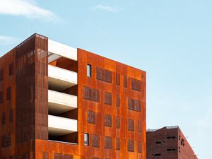 Preview wallpaper building, balconies, architecture, orange