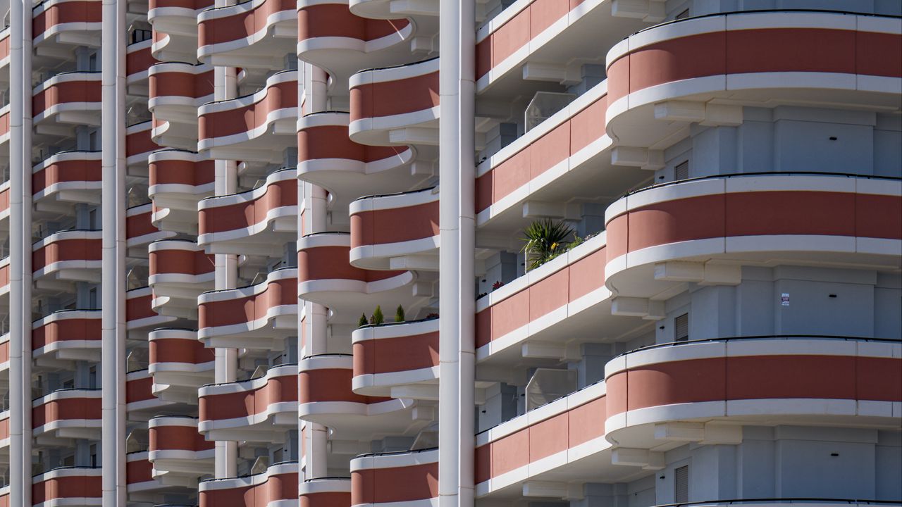 Wallpaper building, balconies, architecture, stripes