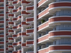 Preview wallpaper building, balconies, architecture, stripes