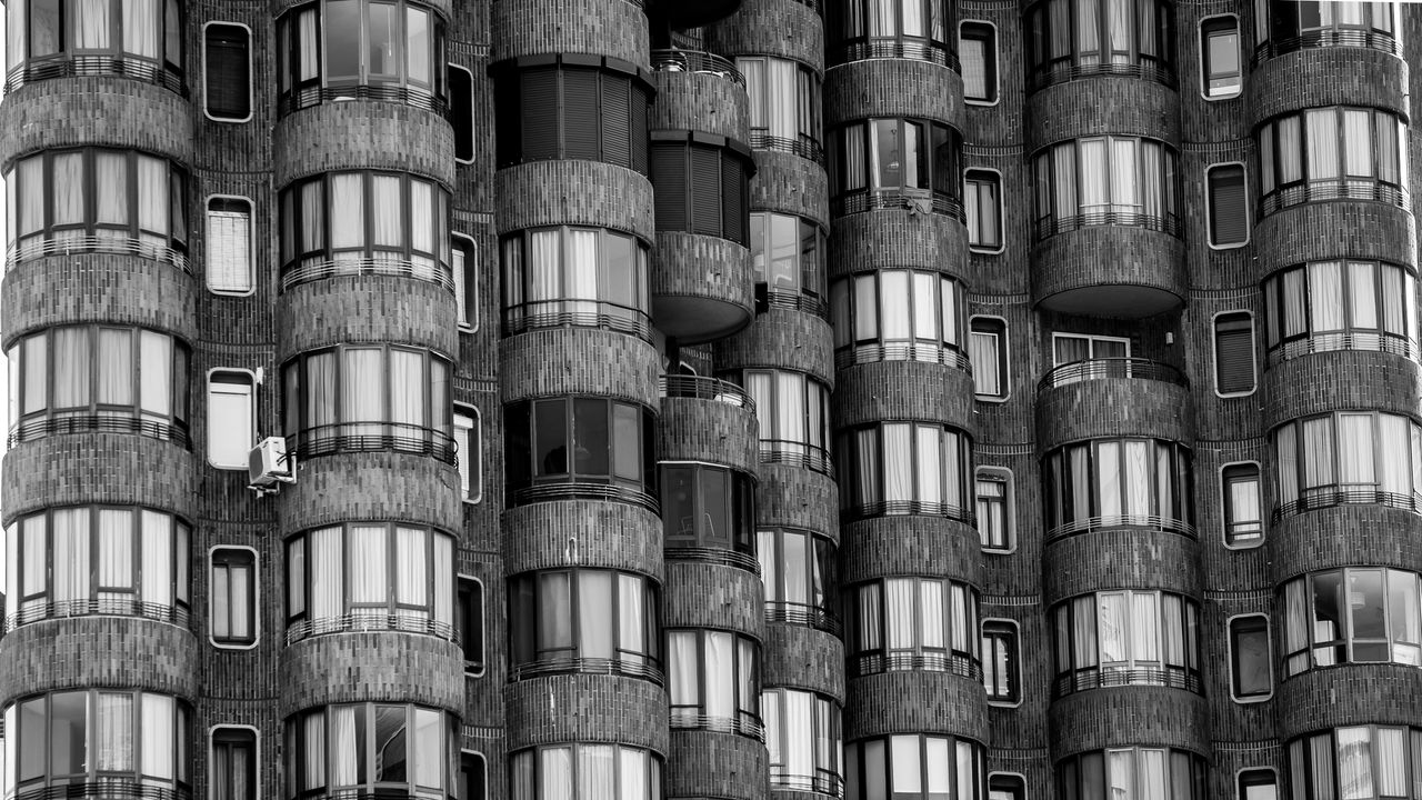 Wallpaper building, balconies, facade, windows, black and white, architecture