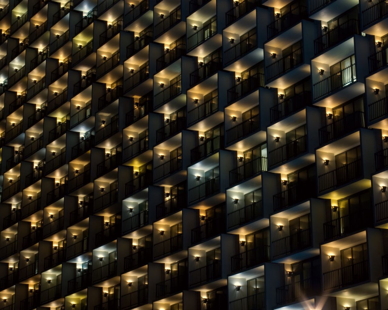1280x1024 Wallpaper building, balconies, facade, dark, lights