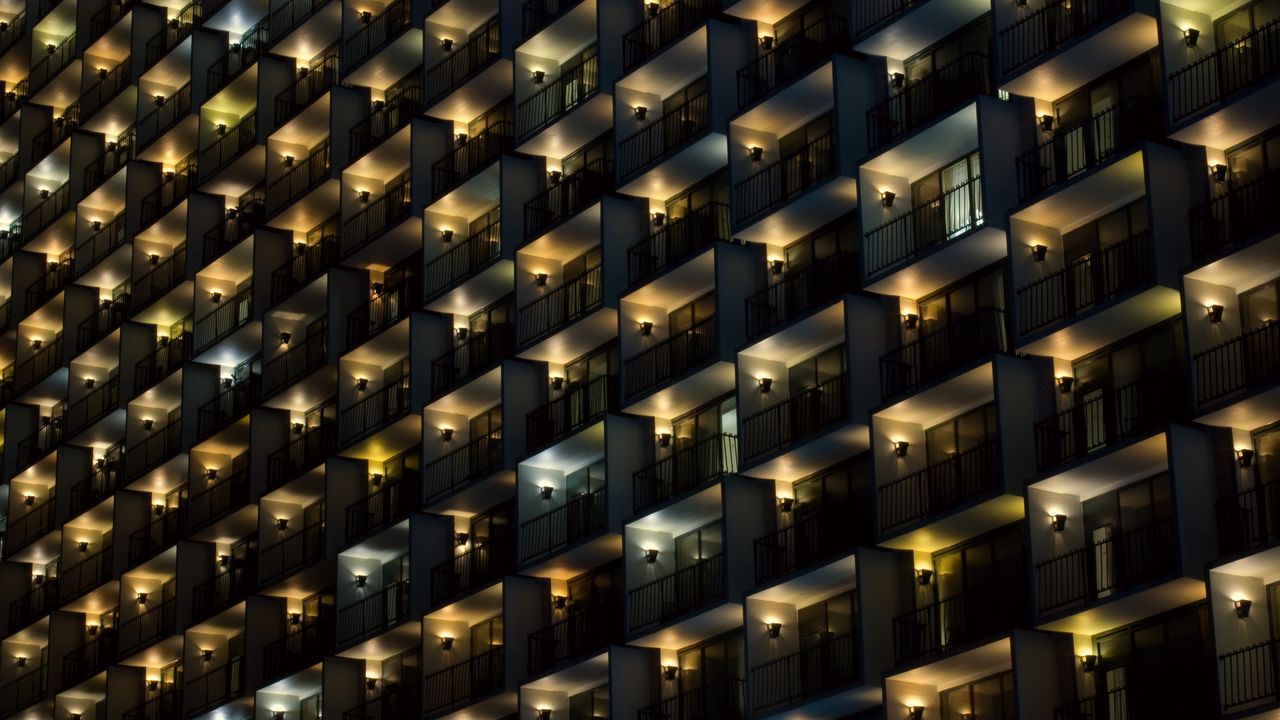 Wallpaper building, balconies, facade, dark, lights