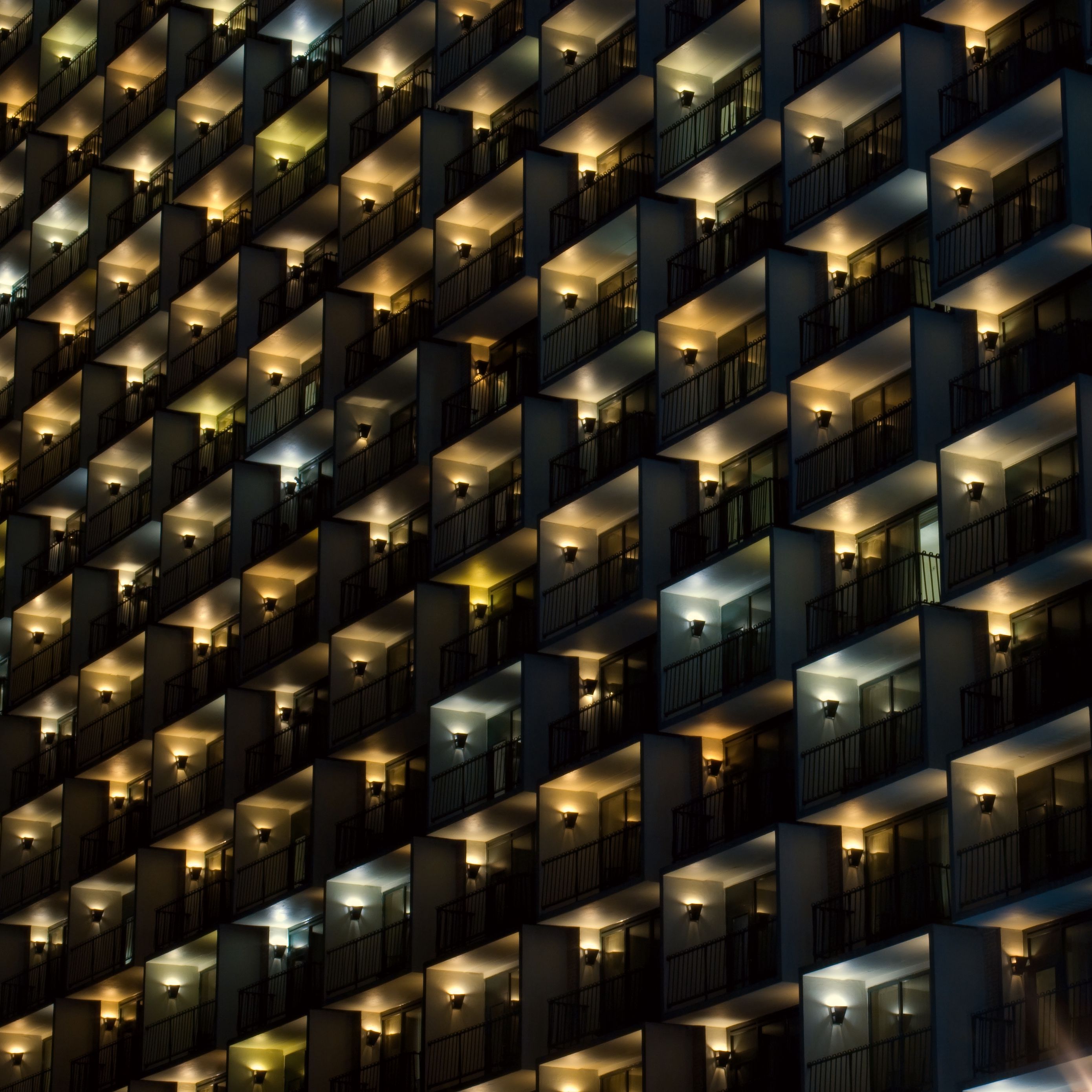 2780x2780 Wallpaper building, balconies, facade, dark, lights