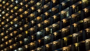 Preview wallpaper building, balconies, facade, dark, lights