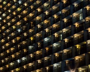 Preview wallpaper building, balconies, facade, dark, lights