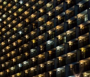 Preview wallpaper building, balconies, facade, dark, lights