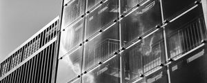 Preview wallpaper building, bars, glass, clouds, reflection, bw