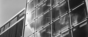 Preview wallpaper building, bars, glass, clouds, reflection, bw