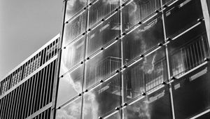 Preview wallpaper building, bars, glass, clouds, reflection, bw
