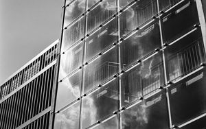 Preview wallpaper building, bars, glass, clouds, reflection, bw