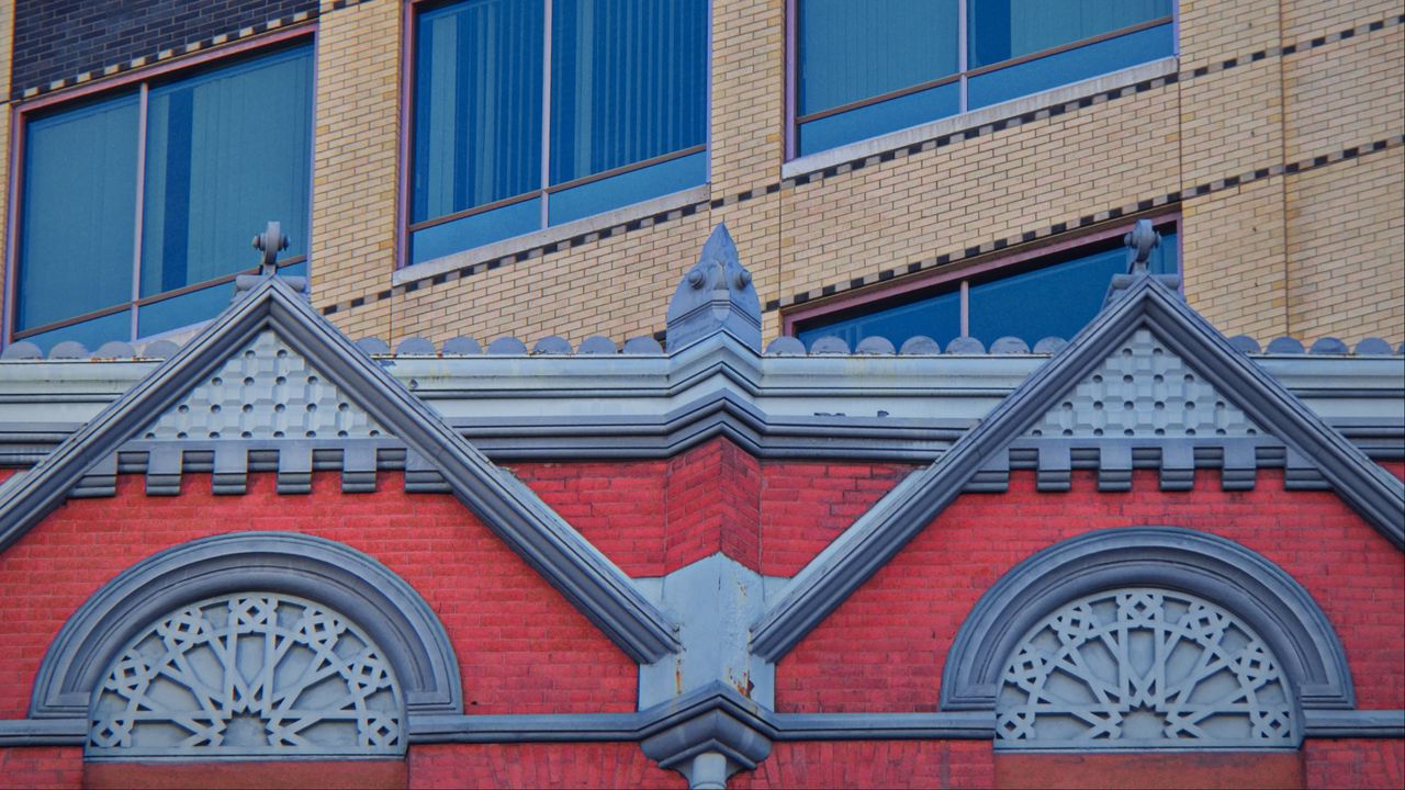 Wallpaper building, bas-relief, bricks, architecture