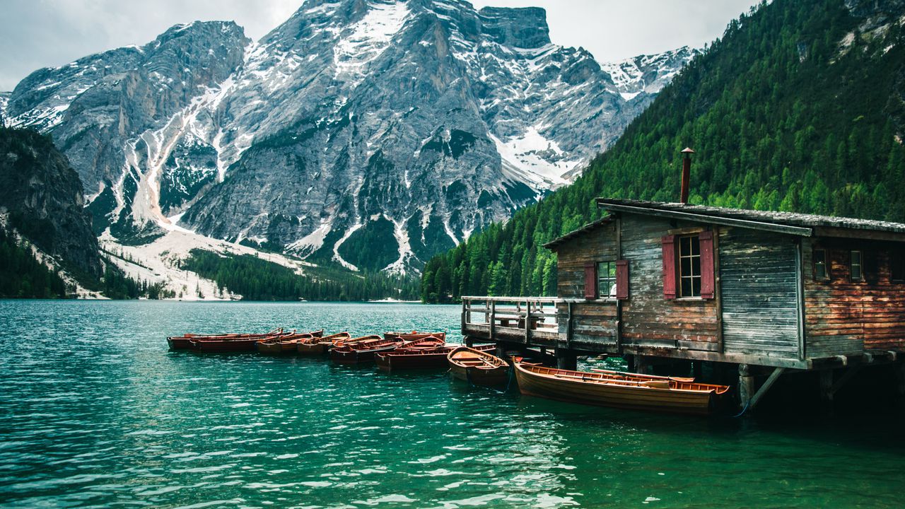 Wallpaper building, boat, slope, mountains