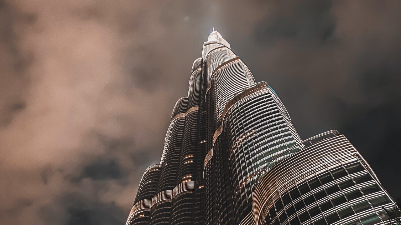 Wallpaper building, bottom view, architecture, facade, evening