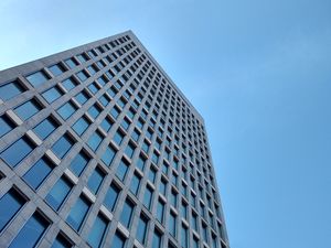 Preview wallpaper building, bottom view, architecture, windows, sky