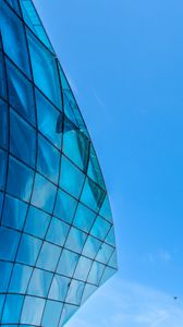 Preview wallpaper building, bottom view, architecture, glass, sky, blue
