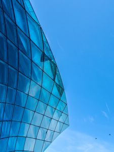 Preview wallpaper building, bottom view, architecture, glass, sky, blue