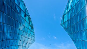 Preview wallpaper building, bottom view, architecture, glass, sky, blue