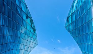 Preview wallpaper building, bottom view, architecture, glass, sky, blue