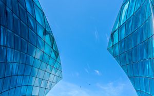 Preview wallpaper building, bottom view, architecture, glass, sky, blue