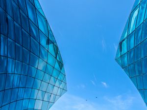 Preview wallpaper building, bottom view, architecture, glass, sky, blue