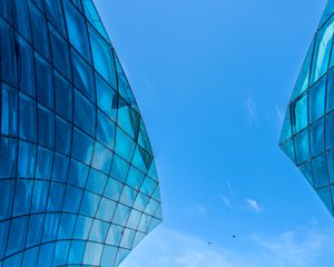 Preview wallpaper building, bottom view, architecture, glass, sky, blue