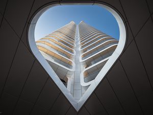 Preview wallpaper building, bottom view, architecture, window, sky, facade