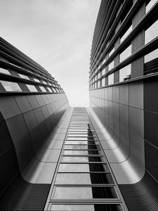 Preview wallpaper building, bottom view, black and white, architecture