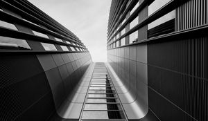 Preview wallpaper building, bottom view, black and white, architecture