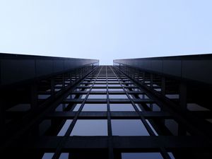 Preview wallpaper building, bottom view, blue, windows, sky