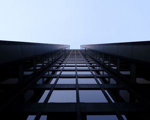 Preview wallpaper building, bottom view, blue, windows, sky