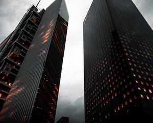 Preview wallpaper building, bottom view, city, evening, lights