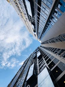 Preview wallpaper building, bottom view, clouds, sky