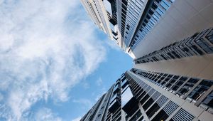 Preview wallpaper building, bottom view, clouds, sky