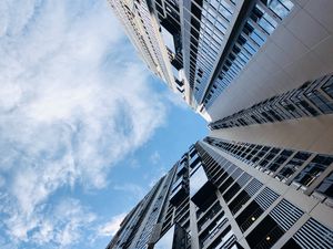 Preview wallpaper building, bottom view, clouds, sky