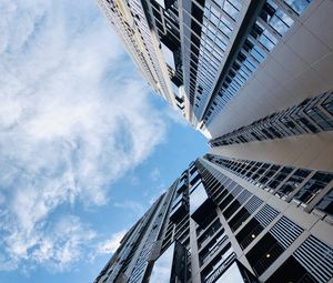 Preview wallpaper building, bottom view, clouds, sky