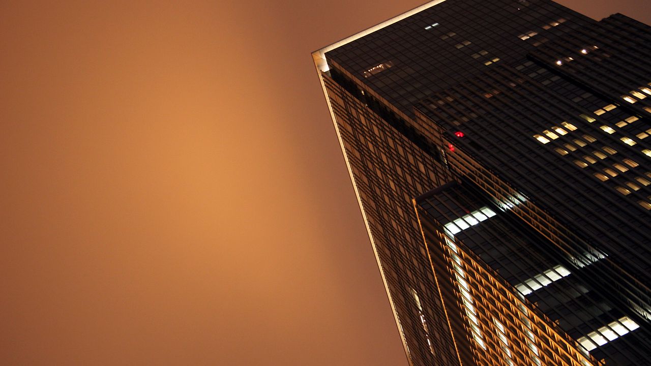 Wallpaper building, bottom view, facade, evening, lights