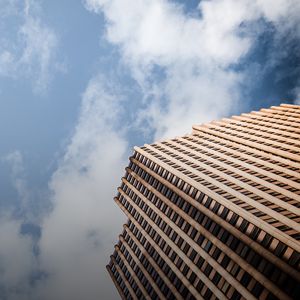 Preview wallpaper building, bottom view, facade, sky