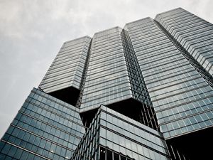 Preview wallpaper building, bottom view, glass, architecture