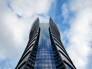 Preview wallpaper building, bottom view, sky, clouds