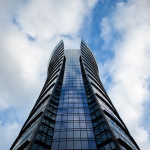 Preview wallpaper building, bottom view, sky, clouds