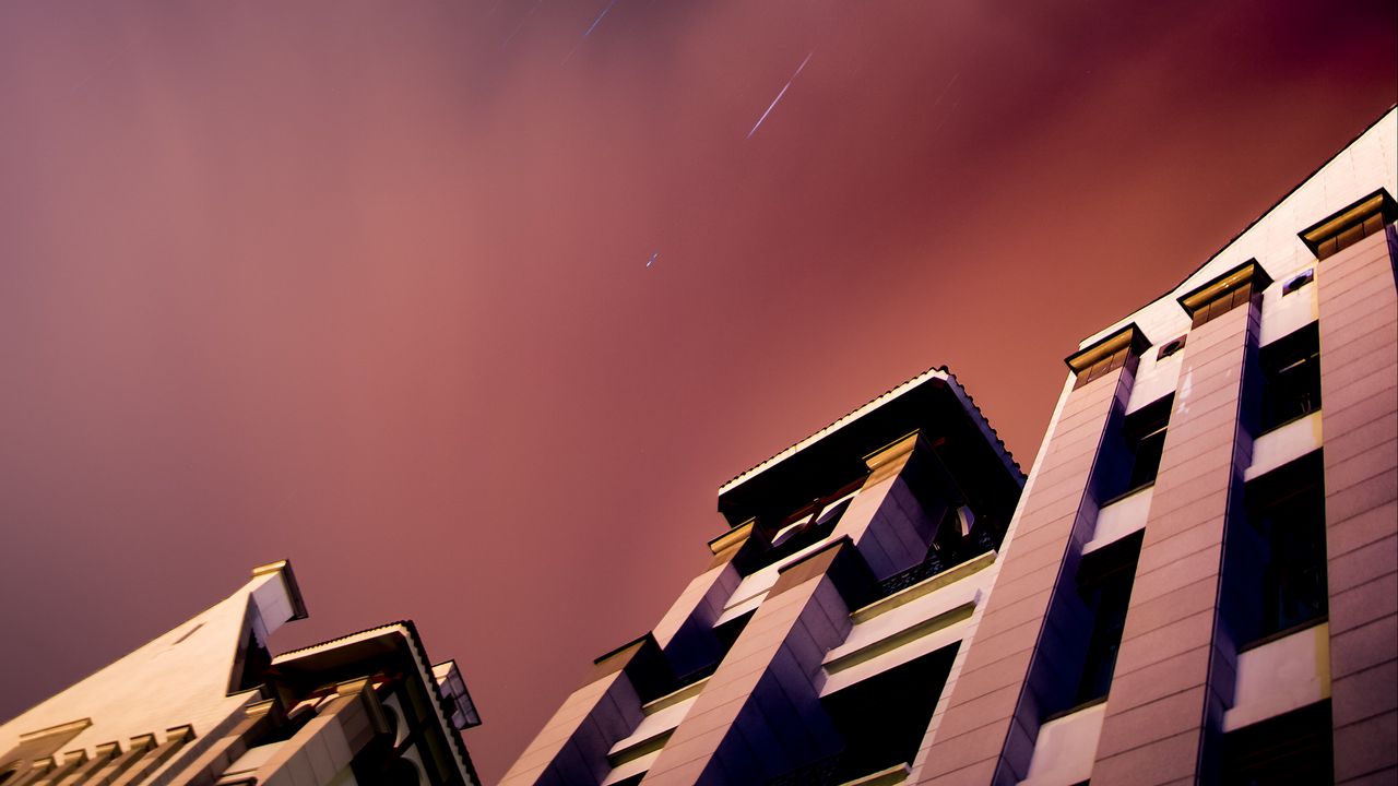 Wallpaper building, bottom view, stars, distortion, sky