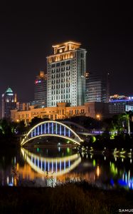 Preview wallpaper building, bridge, lights, water, reflection, city, night