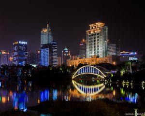 Preview wallpaper building, bridge, lights, water, reflection, city, night