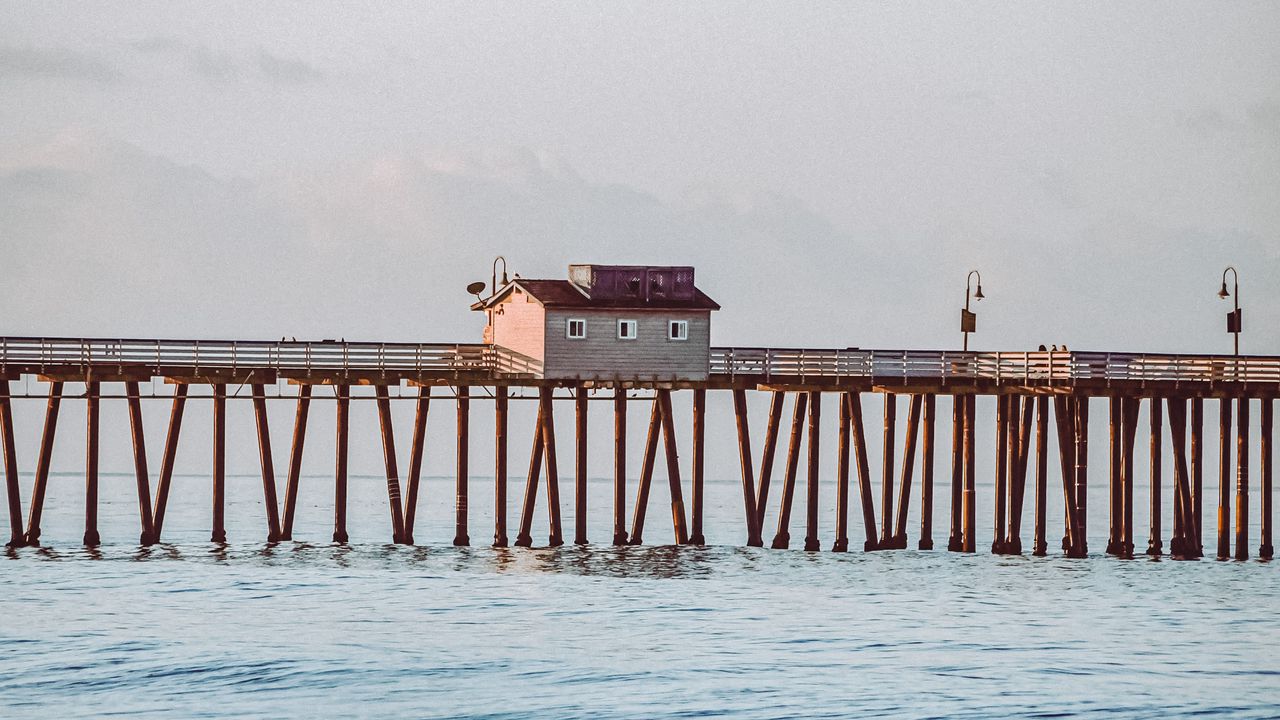 Wallpaper building, bridge, water, waves