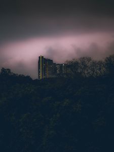 Preview wallpaper building, bushes, clouds, cloudy