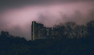 Preview wallpaper building, bushes, clouds, cloudy