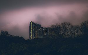 Preview wallpaper building, bushes, clouds, cloudy